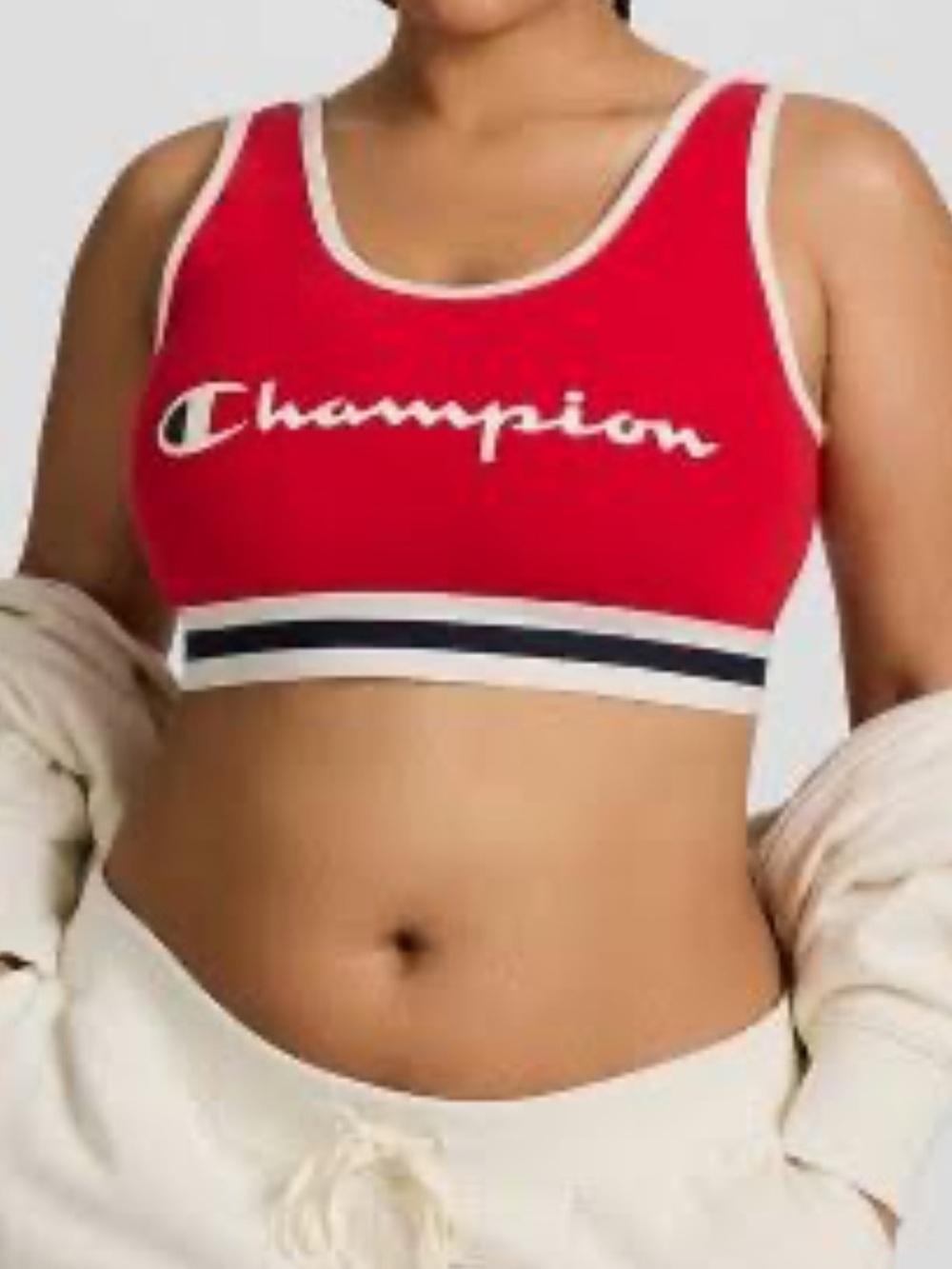 Champion Red Crop Sports Bra with White Trim and Striped Band